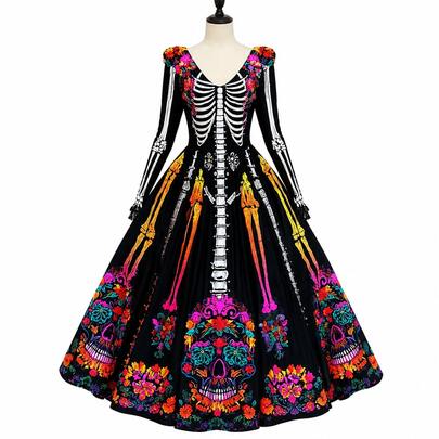 Halloween Skeleton Skull Rose Print Maxi Dress For Women Gothic Long Sleeve Costume - image 2