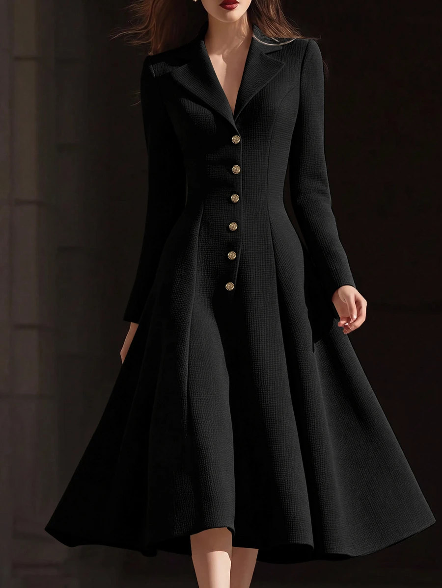 SHEIN Women's Autumn/Winter New Elegant Thick Wool Blend Blazer Collar Waist-Cinching A-Line Long Dress, Suitable For Parties, Dates, Commuting Occasions - image 3