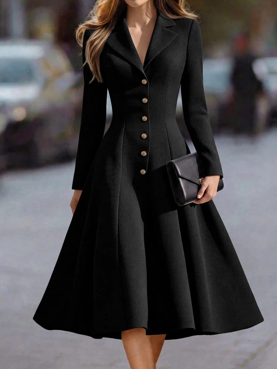 SHEIN Women's Autumn/Winter New Elegant Thick Wool Blend Blazer Collar Waist-Cinching A-Line Long Dress, Suitable For Parties, Dates, Commuting Occasions