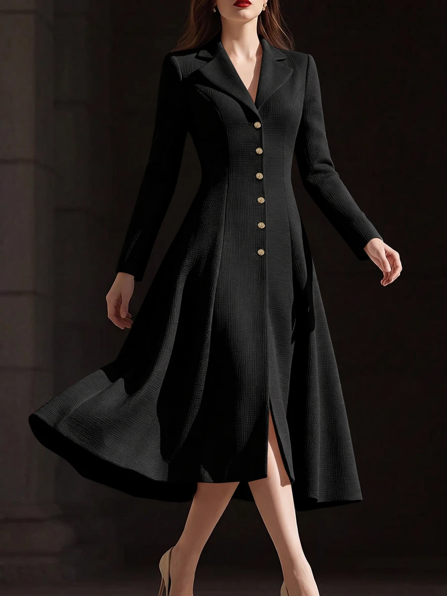 SHEIN Women's Autumn/Winter New Elegant Thick Wool Blend Blazer Collar Waist-Cinching A-Line Long Dress, Suitable For Parties, Dates, Commuting Occasions - image 5