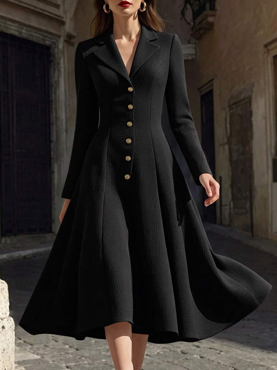 SHEIN Women's Autumn/Winter New Elegant Thick Wool Blend Blazer Collar Waist-Cinching A-Line Long Dress, Suitable For Parties, Dates, Commuting Occasions - image 7