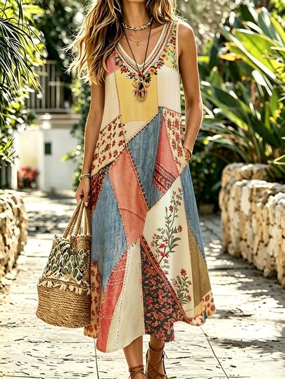 Selamara Beach Vacation Vintage Patchwork Sleeveless Midi Dress, Retro Bohemian Vacation Style Lazy Casual V-Neck Sleeveless Dress For Daily Wear And Commuting