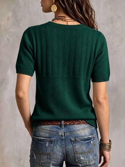 SHEIN Casual Loose Round Neck Short Sleeve Knitted Half-Placket Button Design Apricot Women's Spring/Autumn Knit Top - image 2
