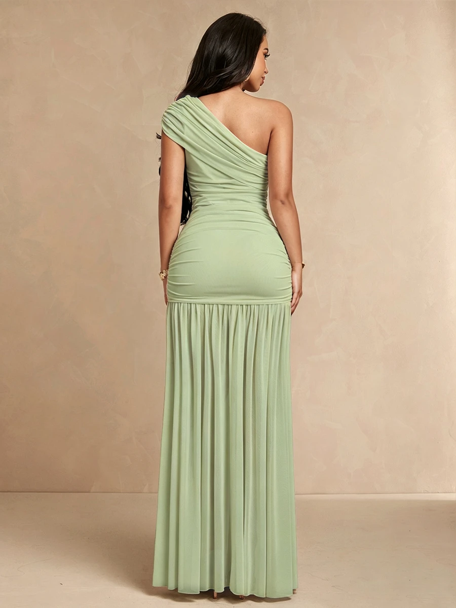 Silquee Women's Solid Color One-Shoulder Pleated Fitted Elegant Dress - image 2