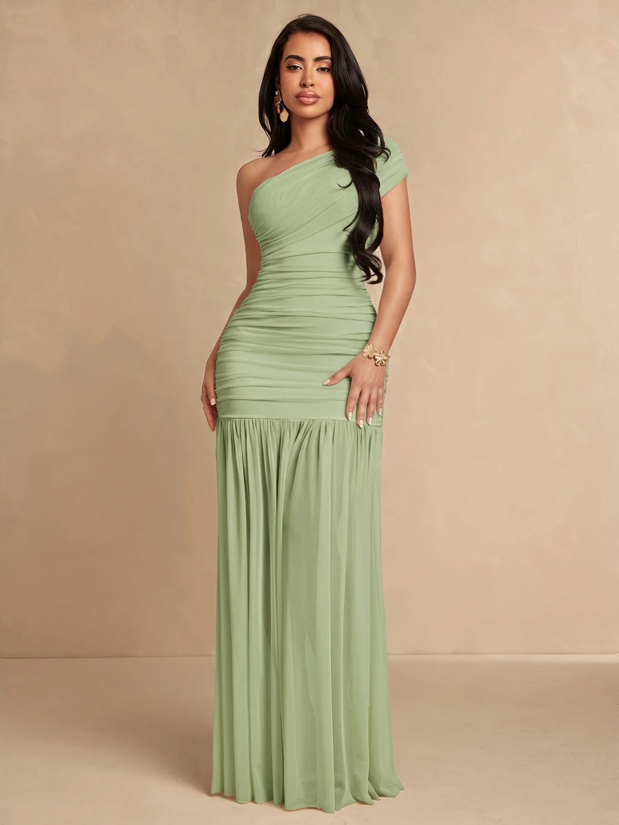 Silquee Women's Solid Color One-Shoulder Pleated Fitted Elegant Dress