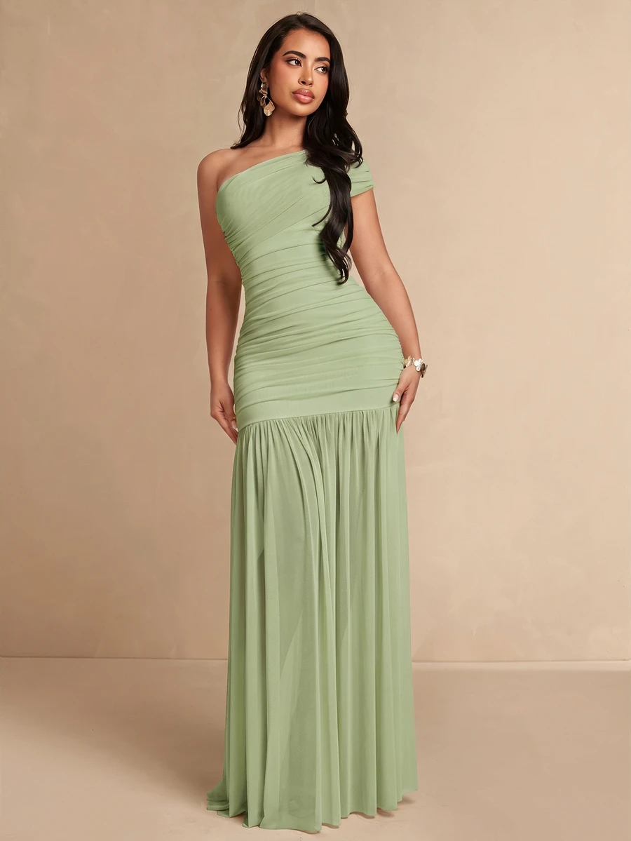 Silquee Women's Solid Color One-Shoulder Pleated Fitted Elegant Dress - image 3
