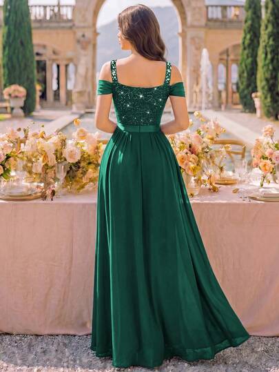 MIUSOL Cold Shoulder Sequin Floral Lace Patchwork Chiffon Pleated Hem Formal Party Long Dress, Elegant Women's Evening Gown, Suitable For Wedding Guest, Graduation Ceremony, Dinner Party - image 2