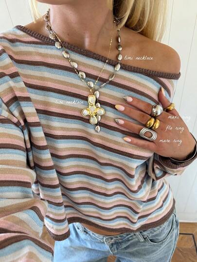 Women's New Autumn Colorblock Striped Asymmetrical Shoulder Knit Sweater, Casual, College, Commute - image 2