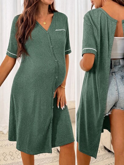 Slowluna Maternity Color Block V-Neck Short Sleeve Dress