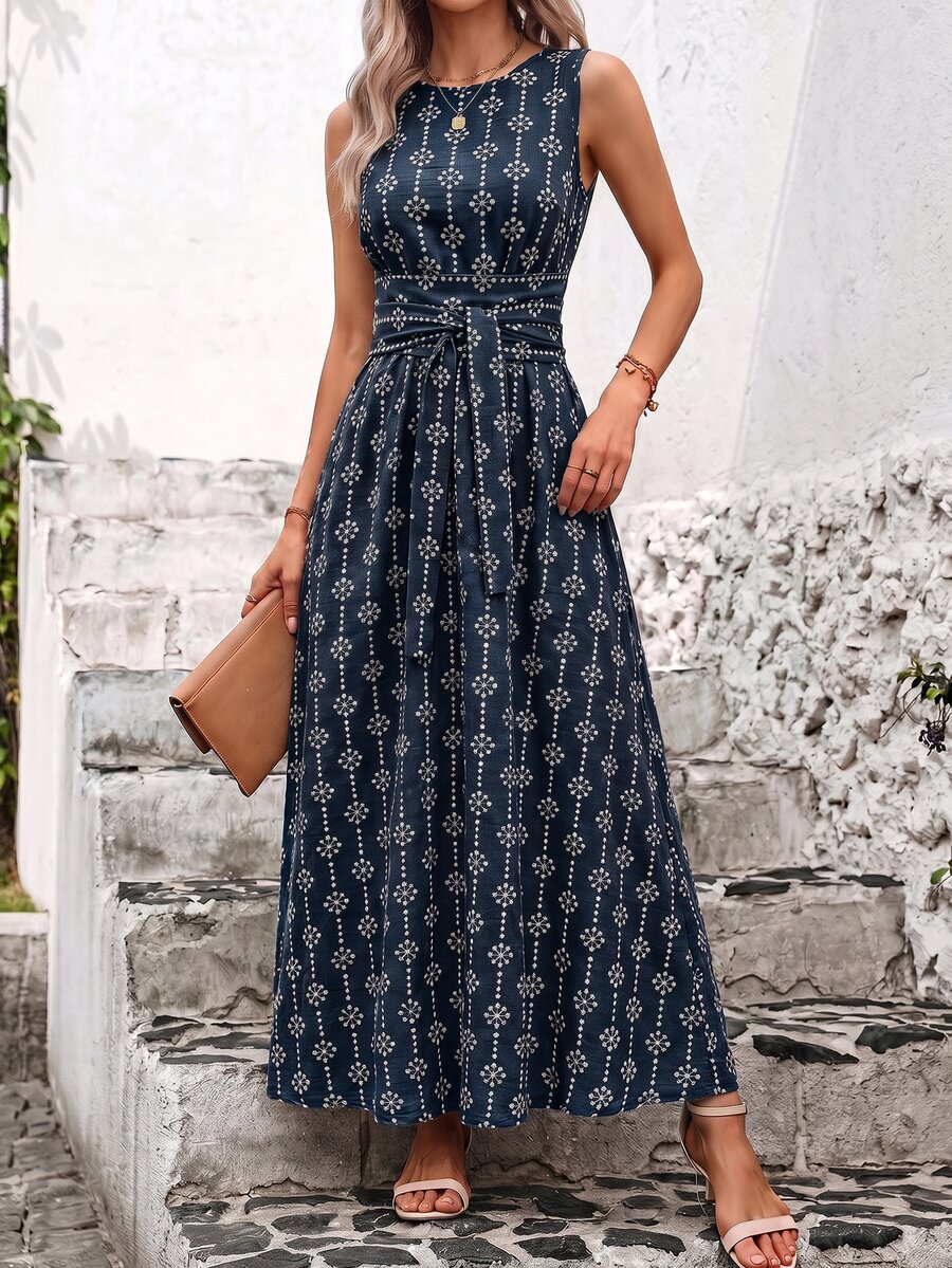 SHEIN Clasi Women's Summer Vacation Embroidered Waist Tie Pocket Dress - image 3