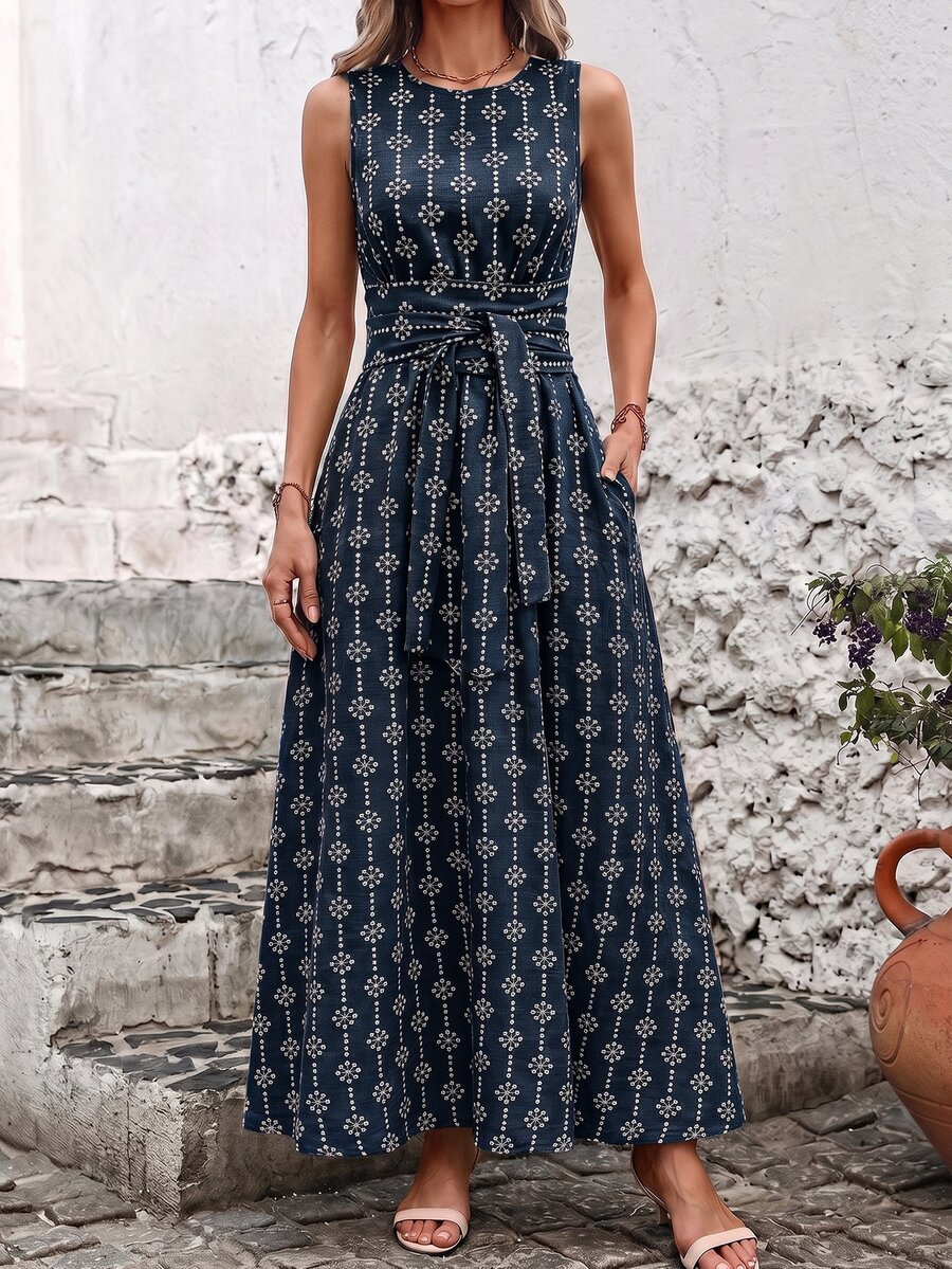 SHEIN Clasi Women's Summer Vacation Embroidered Waist Tie Pocket Dress - image 5