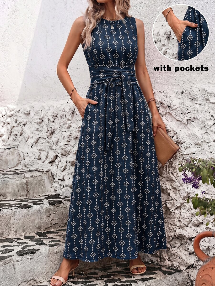 SHEIN Clasi Women's Summer Vacation Embroidered Waist Tie Pocket Dress