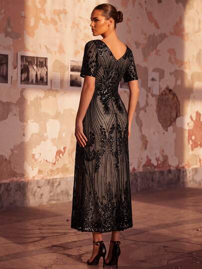 EVERPRETTY Fall Luxury Formal Evening Dress Elegant V Neck Sequin Wedding Guest Black Formal Mother Of The Bride Dress For Anniversary - image 2