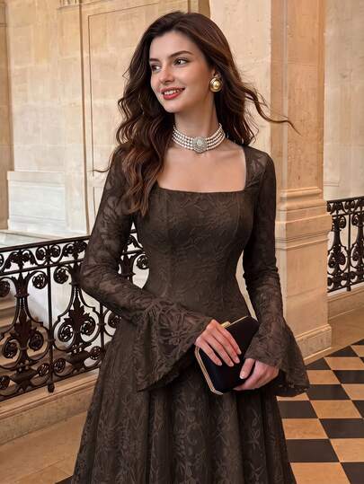 Vintamour Vintage Elegant Women's Jacquard Lace Knit Jacquard Ruffle Sleeve Pleated Casual Vacation Holiday Party Dress