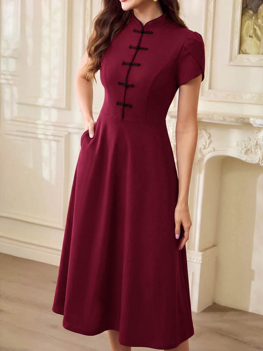 Vintamour Vintage Elegant Women's Dress With Pockets Button Puff - image 7
