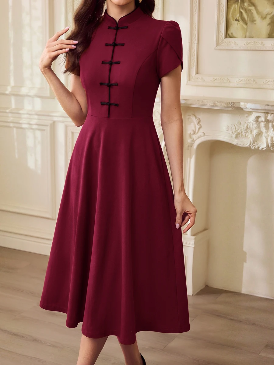 Vintamour Vintage Elegant Women's Dress With Pockets Button Puff - image 6