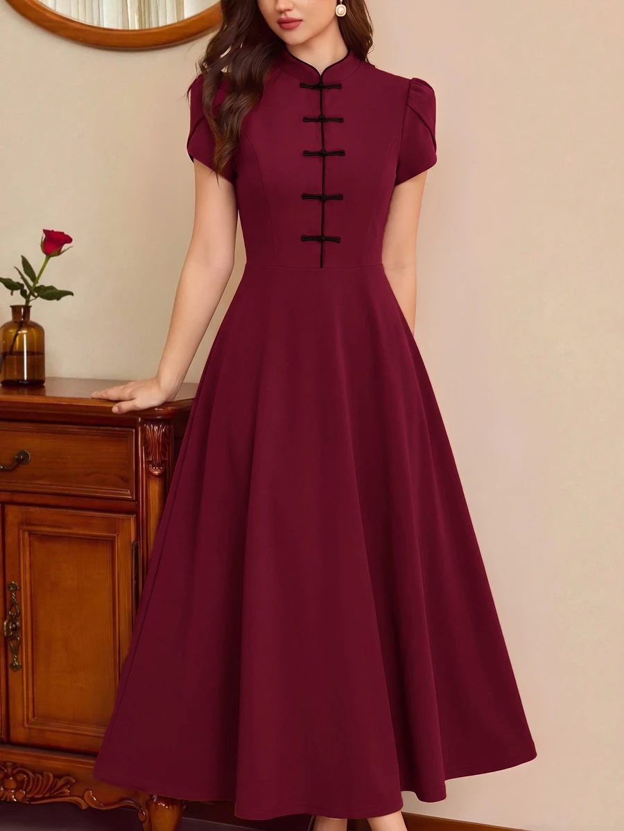 Vintamour Vintage Elegant Women's Dress With Pockets Button Puff - image 3