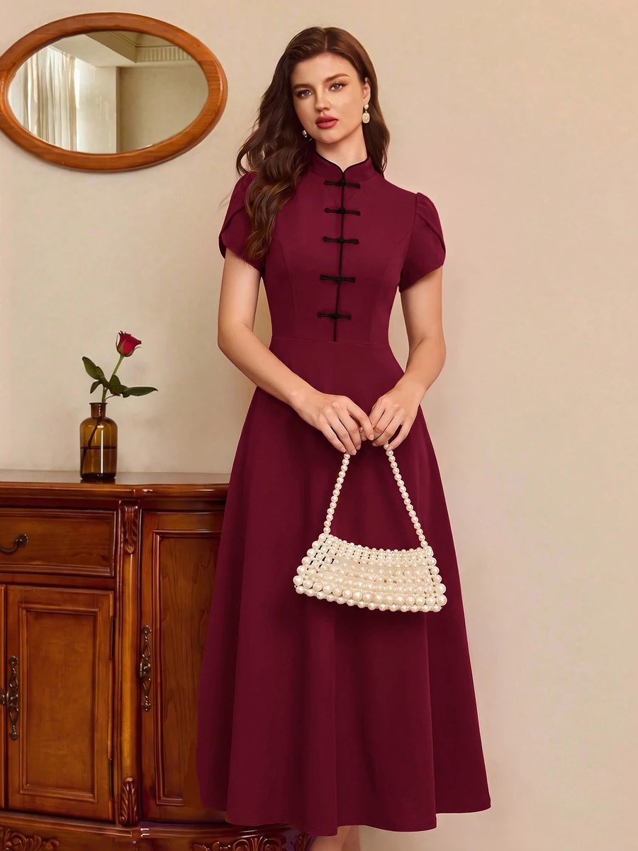 Vintamour Vintage Elegant Women's Dress With Pockets Button Puff - image 4