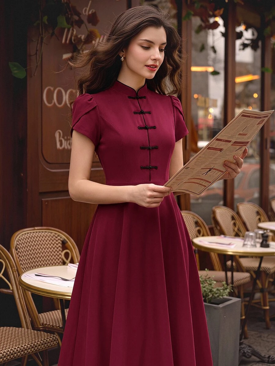 Vintamour Vintage Elegant Women's Dress With Pockets Button Puff - image 2