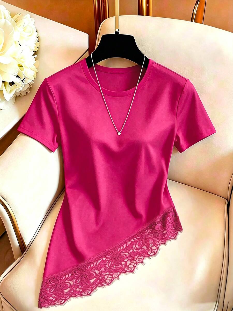 GlowEve Women's Solid Color Round Neck Short Sleeve Contrast Lace Asymmetric Hem Casual T-Shirt