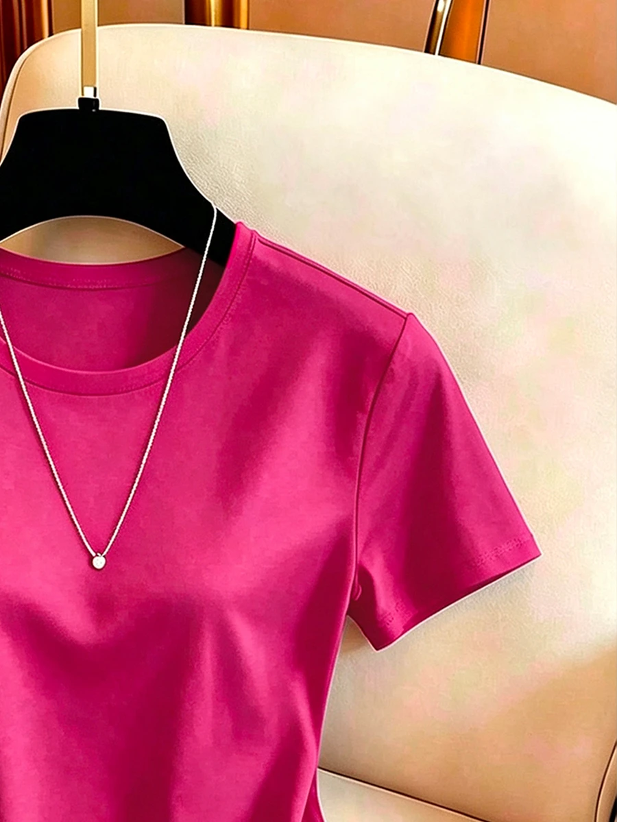 GlowEve Women's Solid Color Round Neck Short Sleeve Contrast Lace Asymmetric Hem Casual T-Shirt - image 3
