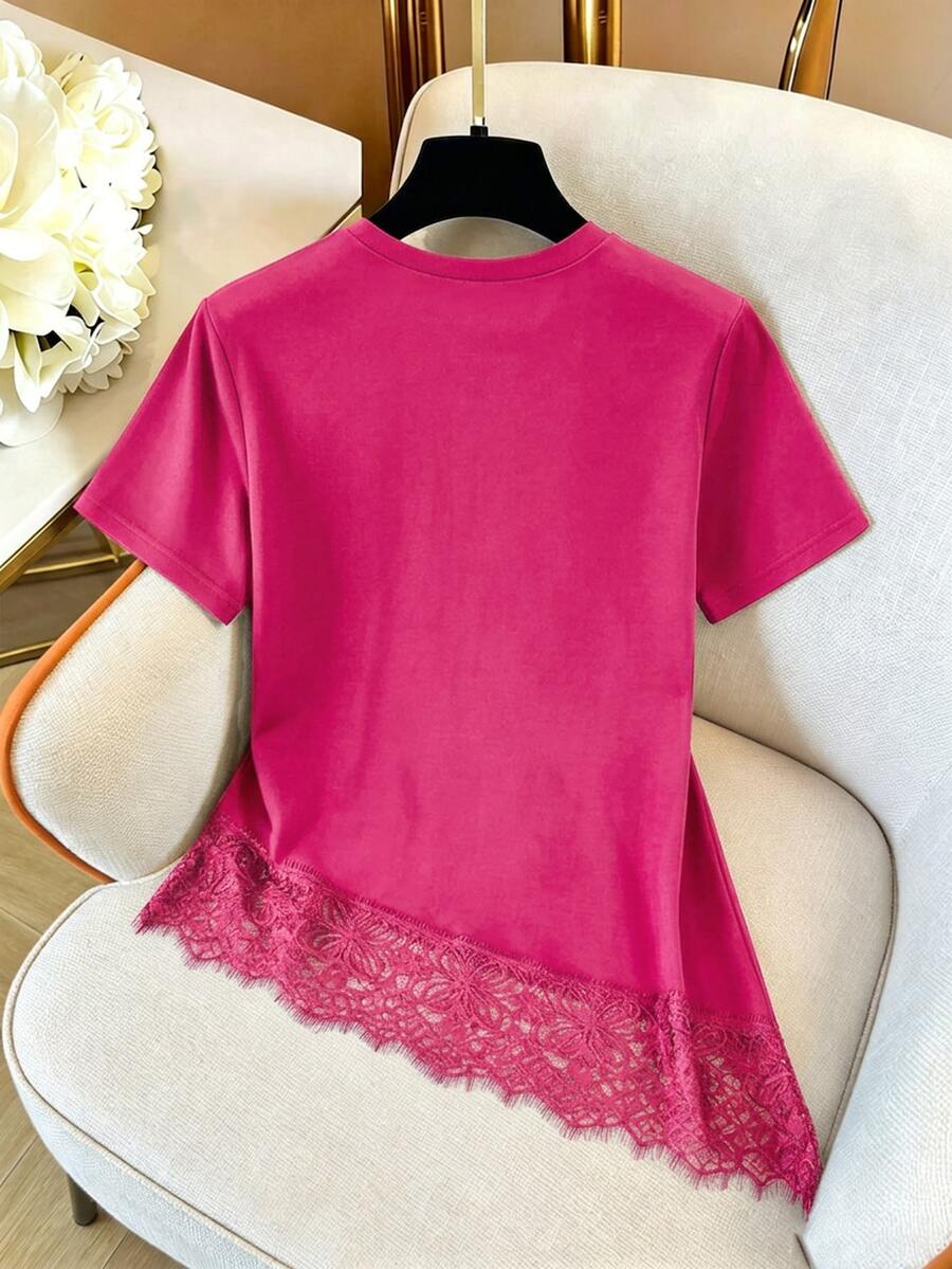 GlowEve Women's Solid Color Round Neck Short Sleeve Contrast Lace Asymmetric Hem Casual T-Shirt - image 2