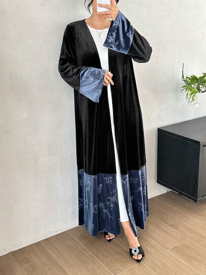 Yasmyna Black & Blue Contrast Velvet Patchwork Premium Bamboo Leaf Print Long Sleeve Long Length Casual Date Commute Women's Abaya