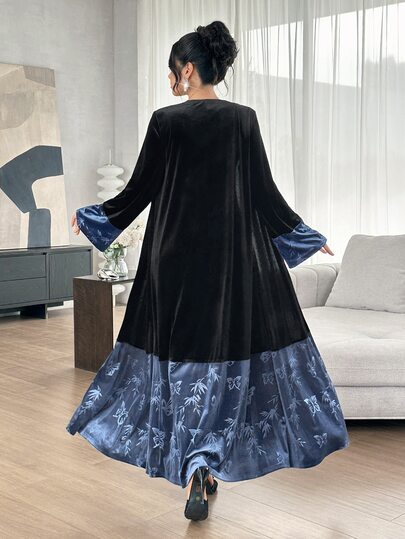 Yasmyna Black & Blue Contrast Velvet Patchwork Premium Bamboo Leaf Print Long Sleeve Long Length Casual Date Commute Women's Abaya - image 2