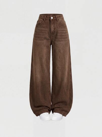 SHEIN MOD Women's Loose Wide Leg Casual Denim Pants With Pockets Women's Jeans