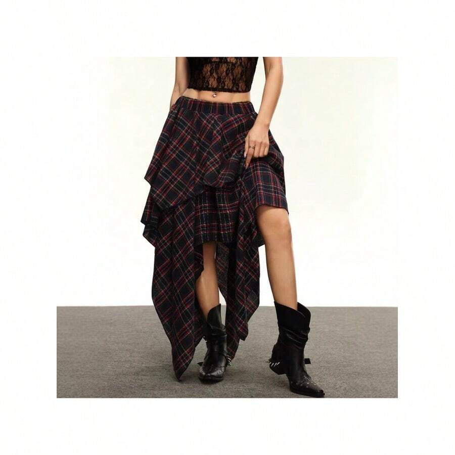 Boho Plaid Layered Midi Skirt For Women Casual Asymmetrical Hem Fabric Skirt With Slight Stretch, Perfect For An Everyday Relaxed Style - image 3