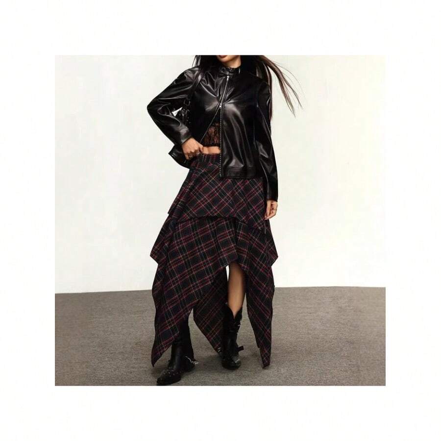 Boho Plaid Layered Midi Skirt For Women Casual Asymmetrical Hem Fabric Skirt With Slight Stretch, Perfect For An Everyday Relaxed Style - image 4