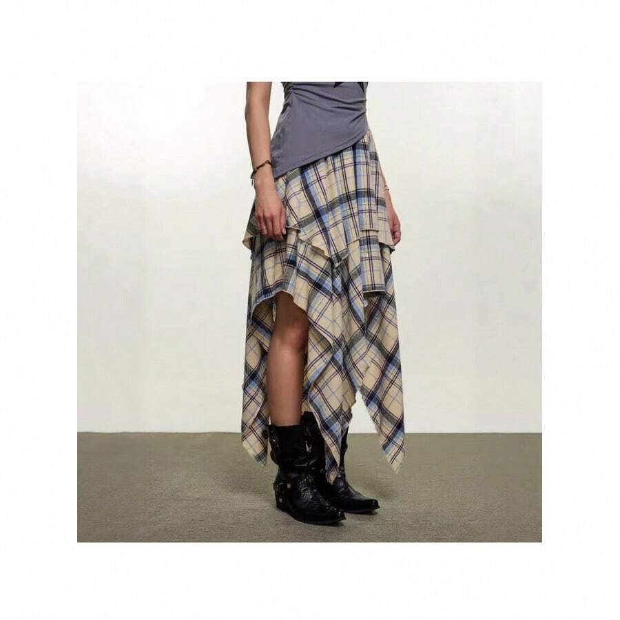 Boho Plaid Layered Midi Skirt For Women Casual Asymmetrical Hem Fabric Skirt With Slight Stretch, Perfect For An Everyday Relaxed Style - image 5