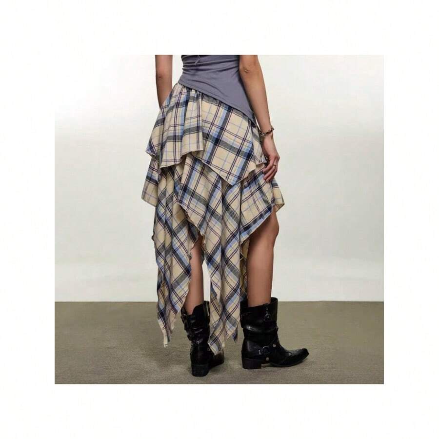 Boho Plaid Layered Midi Skirt For Women Casual Asymmetrical Hem Fabric Skirt With Slight Stretch, Perfect For An Everyday Relaxed Style - image 6