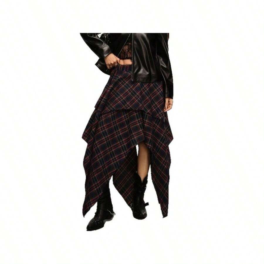 Boho Plaid Layered Midi Skirt For Women Casual Asymmetrical Hem Fabric Skirt With Slight Stretch, Perfect For An Everyday Relaxed Style - image 7