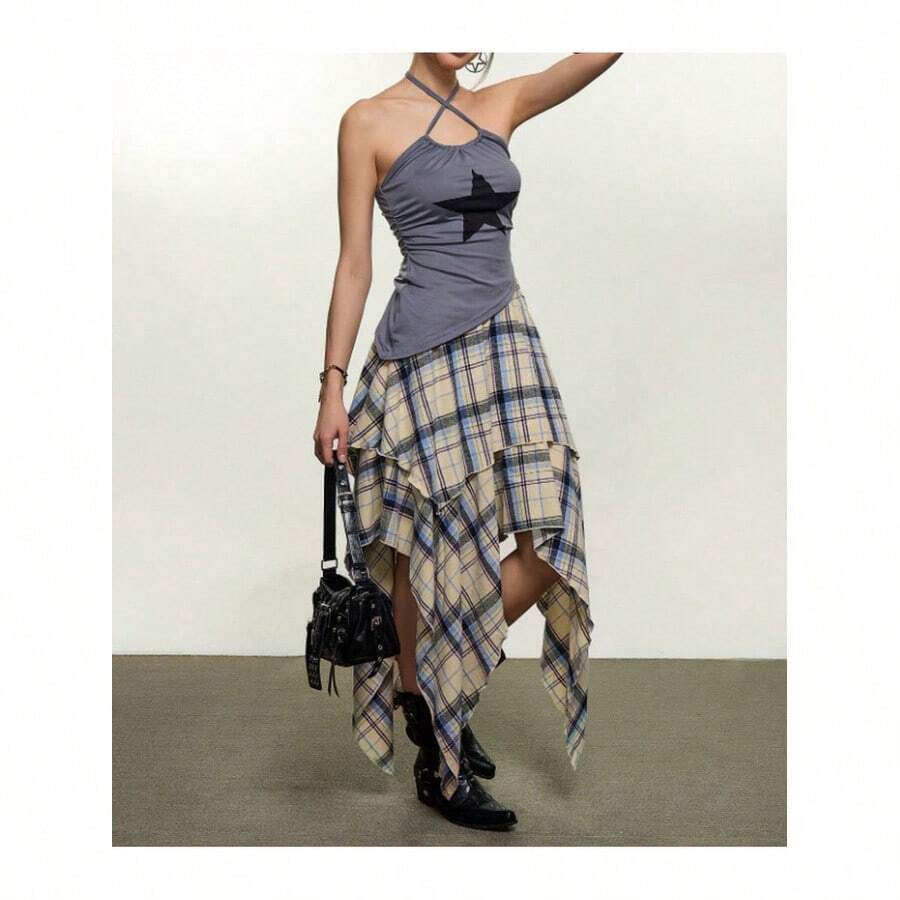 Boho Plaid Layered Midi Skirt For Women Casual Asymmetrical Hem Fabric Skirt With Slight Stretch, Perfect For An Everyday Relaxed Style - image 2