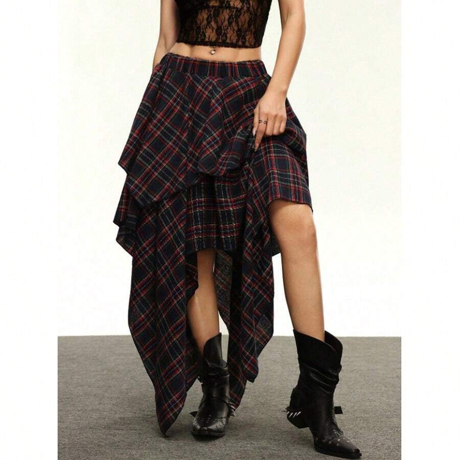 Boho Plaid Layered Midi Skirt For Women Casual Asymmetrical Hem Fabric Skirt With Slight Stretch, Perfect For An Everyday Relaxed Style - image 8