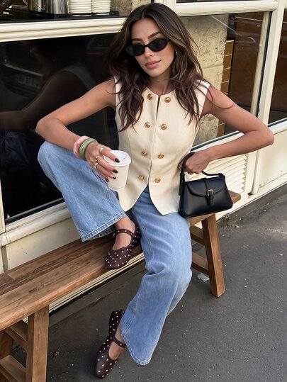 SHEIN Frenchy Women's Commuter Double-Breasted Round Neck Metal Detail Tweed Waist Casual Vest Going Out Tops, Casual Blouses,Elegant Women's Blouses,Work Outfits