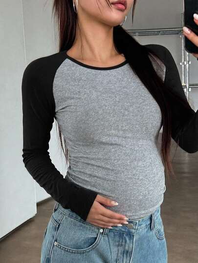 DAZY Patchwork Contrast Color Slim Fit Elastic Round Neck Casual Daily Vacation Korean Style Spring Autumn Maternity T-Shirt