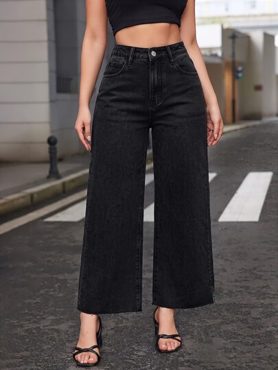 SHEIN Tall Women's High Waist Cropped Wide Leg Washed Denim Jeans
