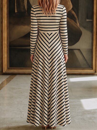 Balvessa Women's New Autumn/Winter Long Dress With Boat Neck, A-Line Silhouette, Color Block Striped Round Neck, Long Sleeve, High Waist, Diagonal Stripe Full Skirt - image 2