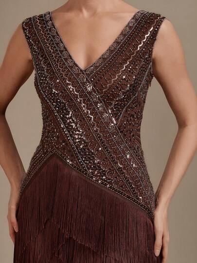 EVERPRETTY Elegant Luxurious Heavy Beaded Embroidery Knee-Length V-Neck Mesh Brown Formal Evening Gown Suitable For Parties And Balls - image 2