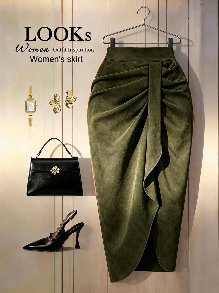 SHEIN Franclia Women's Autumn/Winter Fashion Asymmetrical Hem Pleated Slit Skirt
