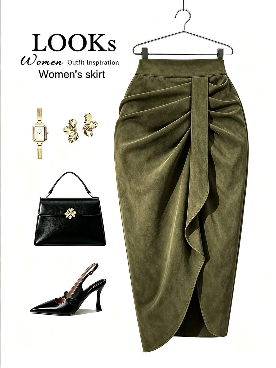 SHEIN Franclia Women's Autumn/Winter Fashion Asymmetrical Hem Pleated Slit Skirt - image 3