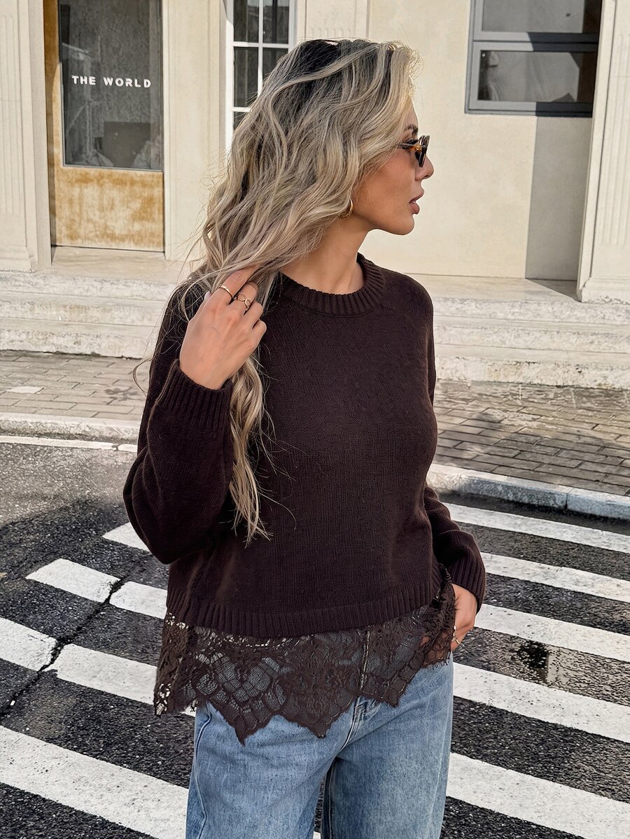 Serisse Women's Solid Color Round Neck Sweater With Lace Trim, Suitable For Dates, Vacations, Parties, Daily Outings, Gatherings, Outdoor Activities - image 6