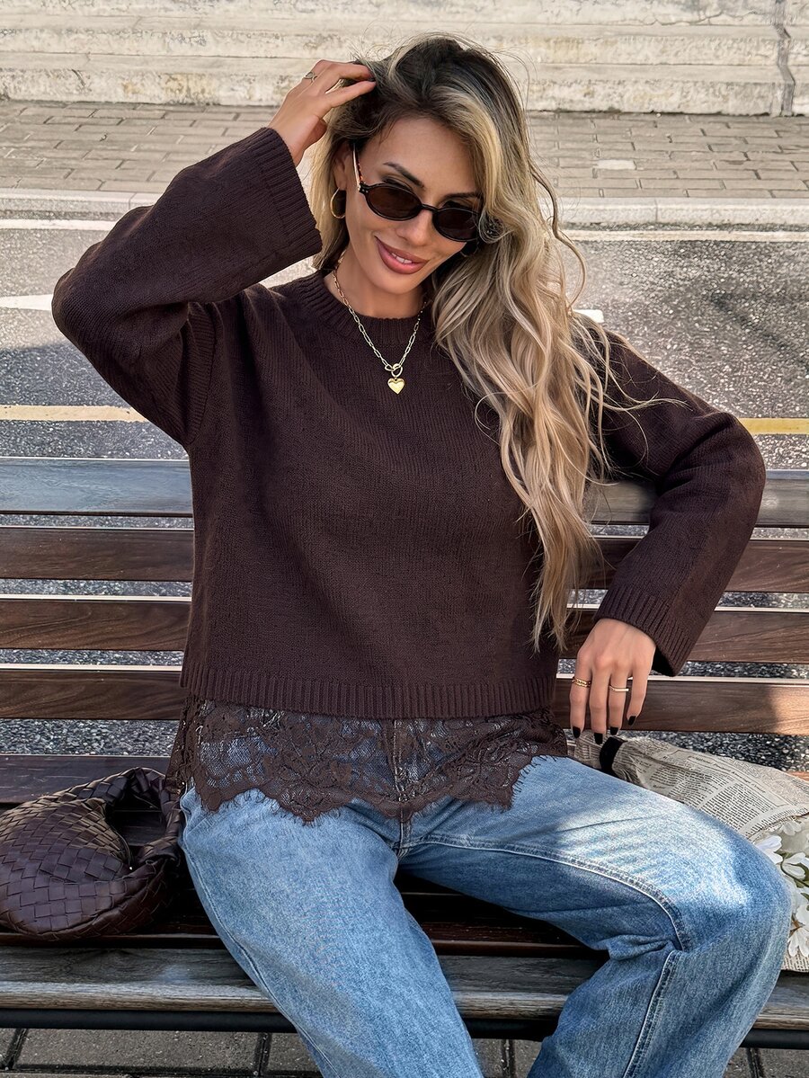 Serisse Women's Solid Color Round Neck Sweater With Lace Trim, Suitable For Dates, Vacations, Parties, Daily Outings, Gatherings, Outdoor Activities - image 3
