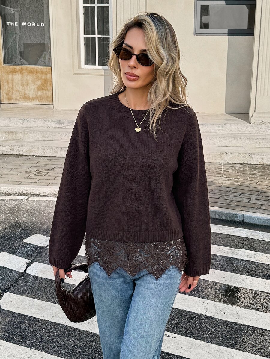 Serisse Women's Solid Color Round Neck Sweater With Lace Trim, Suitable For Dates, Vacations, Parties, Daily Outings, Gatherings, Outdoor Activities - image 7