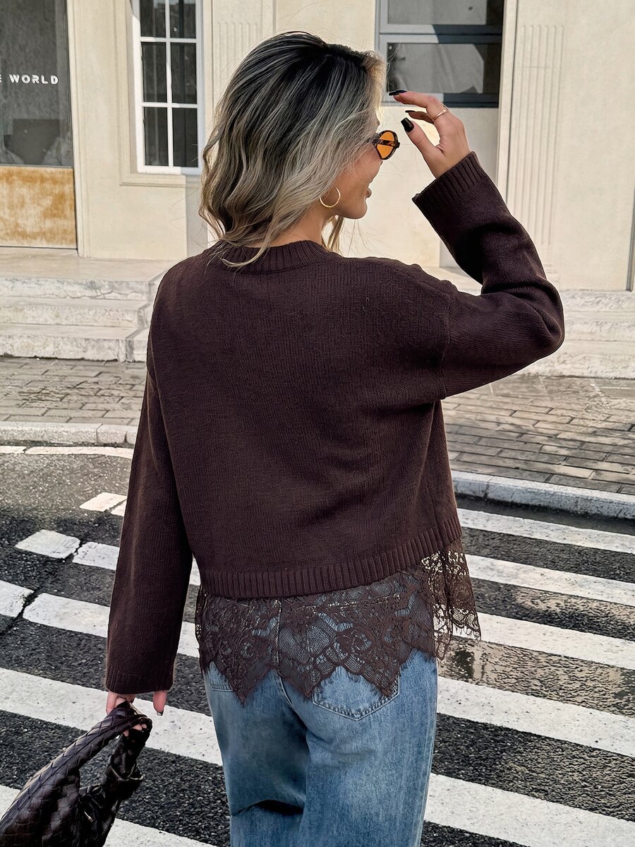 Serisse Women's Solid Color Round Neck Sweater With Lace Trim, Suitable For Dates, Vacations, Parties, Daily Outings, Gatherings, Outdoor Activities - image 2