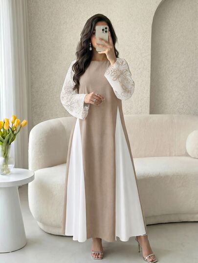 Yasmyna Two Tone Contrast Lace Flounce Sleeve Kaftan Dress
