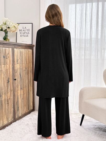 Slowluna Maternity Solid Color Nursing Tank Top & Pants & Robe Casual Daily 2pcs Set Fall - image 2