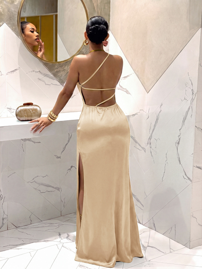 Slaydiva Bright Lake Blue Satin High-Neck Backless Royal Blue Maxi Dress Features A High Slit And Pleats, Making It The Perfect Choice For Summer Parties, Vacations, And Formal Occasions-A - image 2